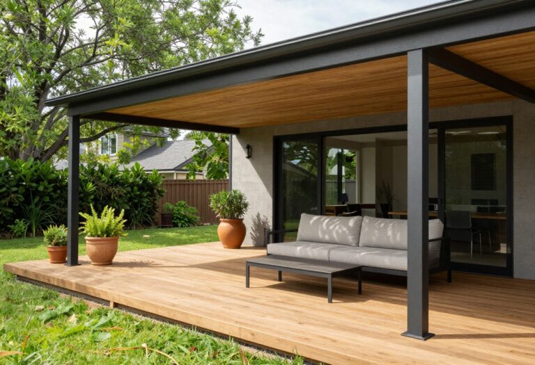 Covered lounge deck extension with pergola and comfortable outdoor seating attached to the back of a modern house