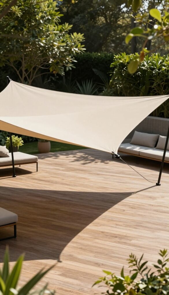 Modern wooden deck shaded by angled sand and gray triangular sail shades anchored to slim posts in bright natural light