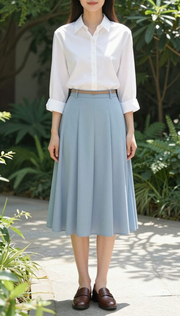 Woman in white button-down shirt and powder blue pleated skirt with loafers, standing in a sunlit garden, embodying old money elegance.