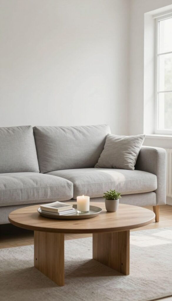A bright, relaxed living room with a low round wood coffee table styled with a tray, candle, books, and small plant in front of a soft light gray sofa.