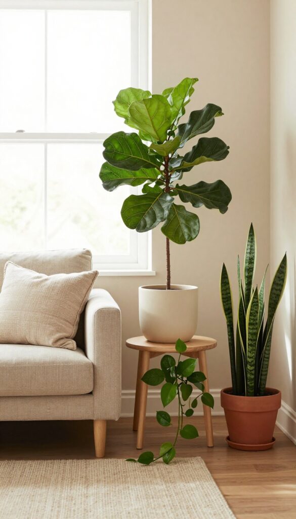 Cozy tan living room with a large fiddle leaf fig in a cream pot, a trailing pothos on a side table, and a snake plant in a terracotta basket, bright natural light and earthy neutral decor