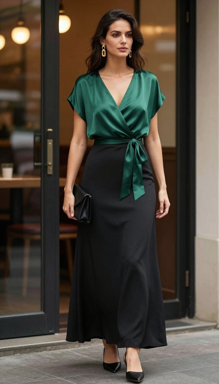 11. Long Black Skirt with a Wrap Top and Statement Earrings