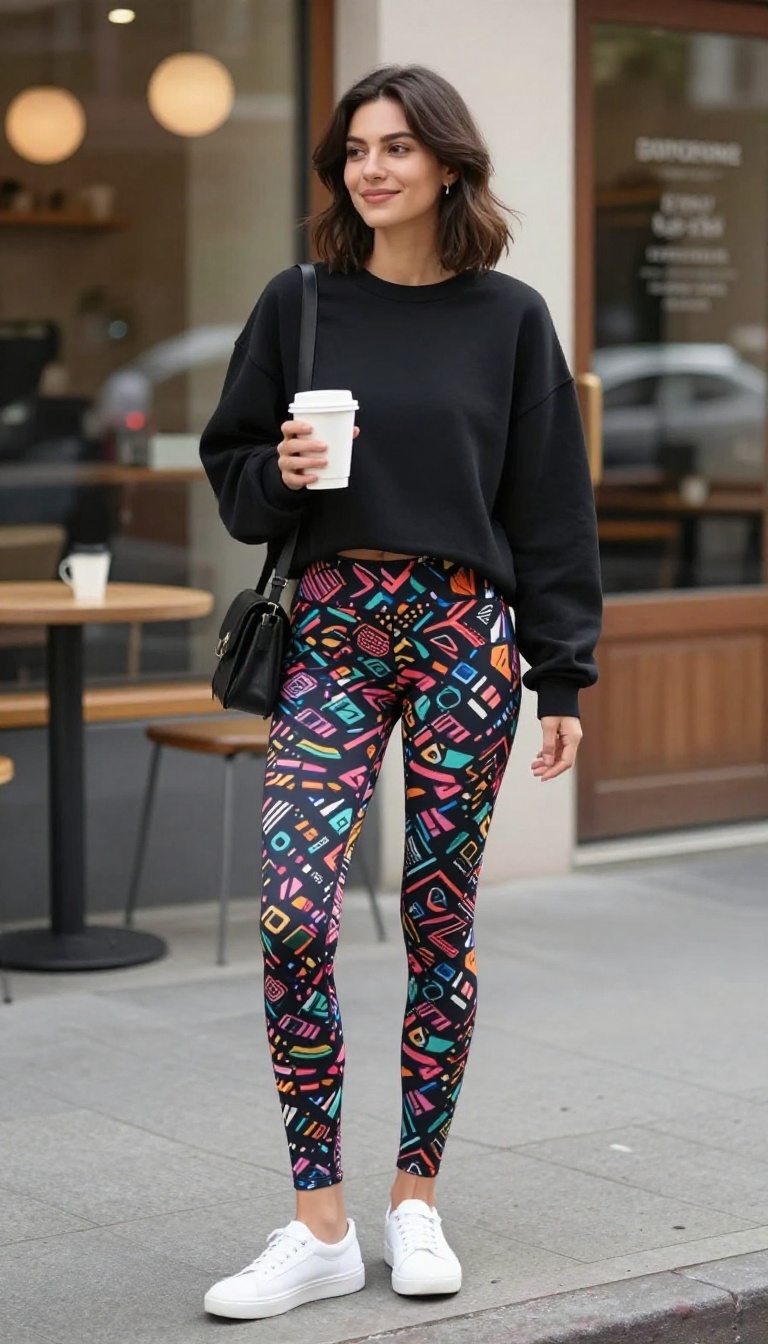5. Bold Printed Leggings with a Cropped Sweatshirt