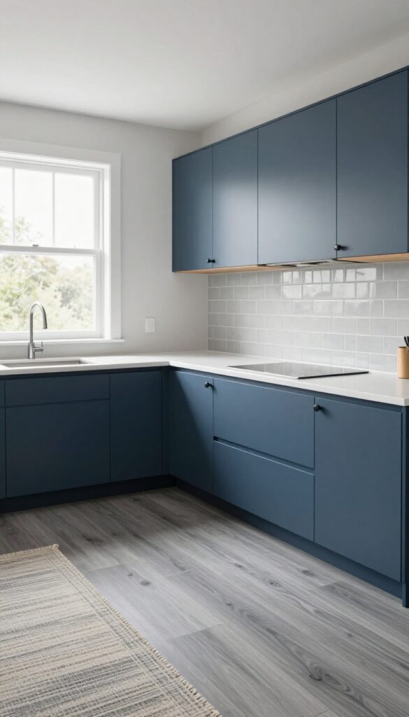 Modern kitchen with grey wood-look flooring, navy blue cabinets, white countertops, and warm wood accents in bright natural light