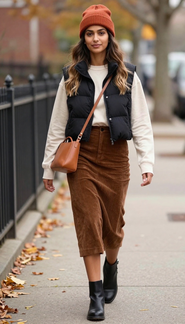11. Corduroy Skirt with a Cropped Puffer Vest for Transitional Weather