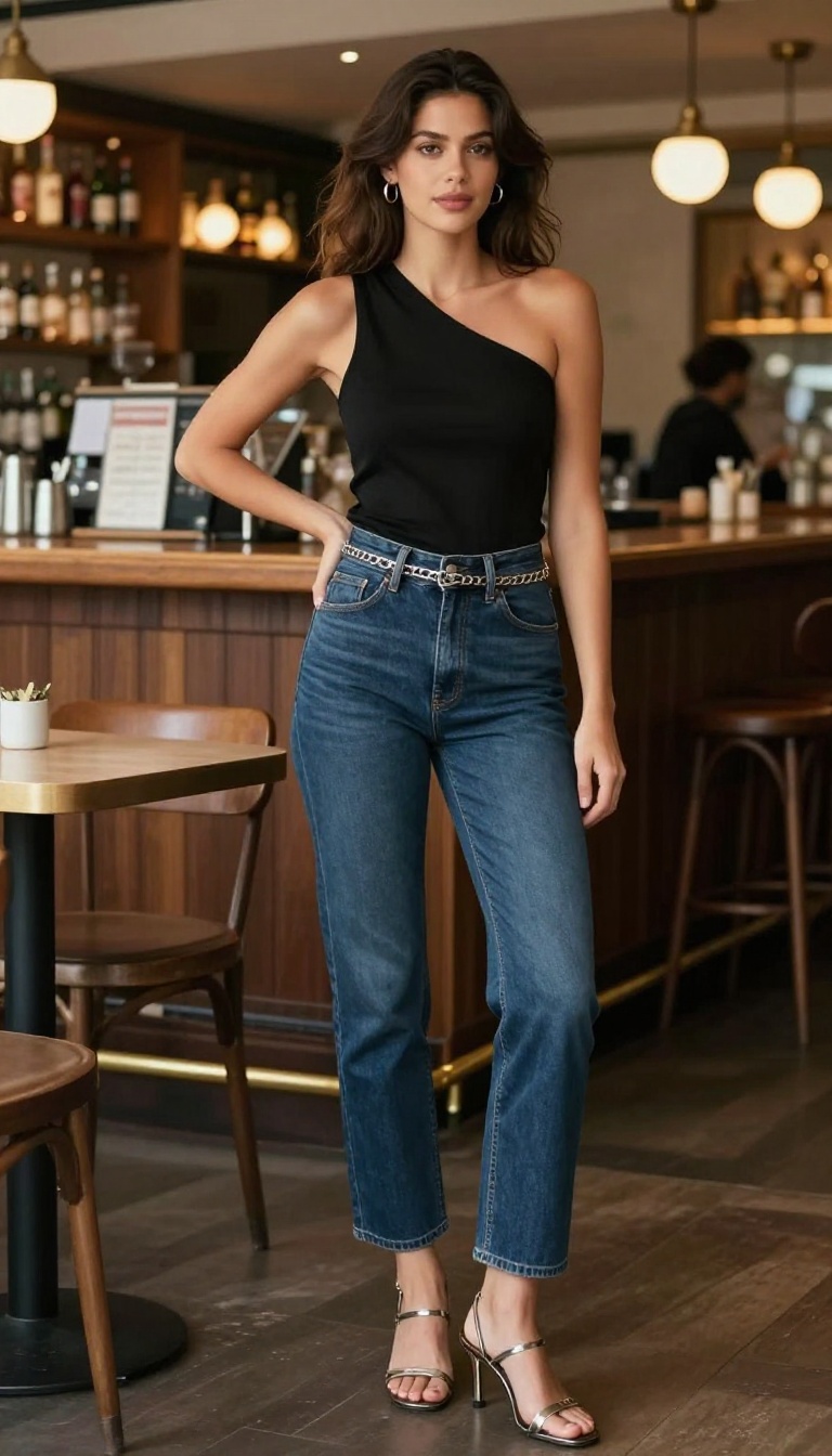 12. Asymmetric Top With Straight-Leg Jeans