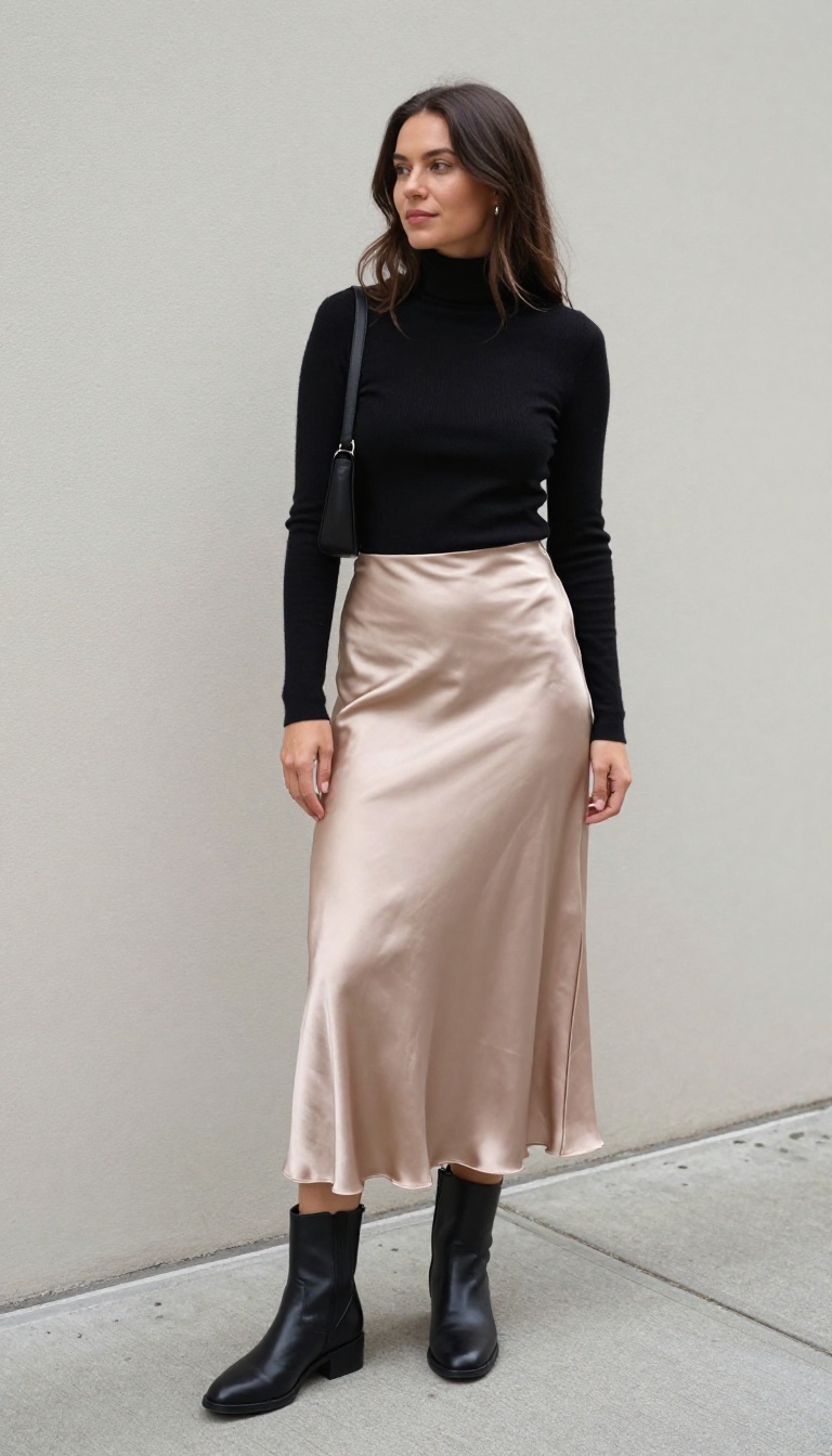 2. Satin Slip Skirt with a Lightweight Turtleneck