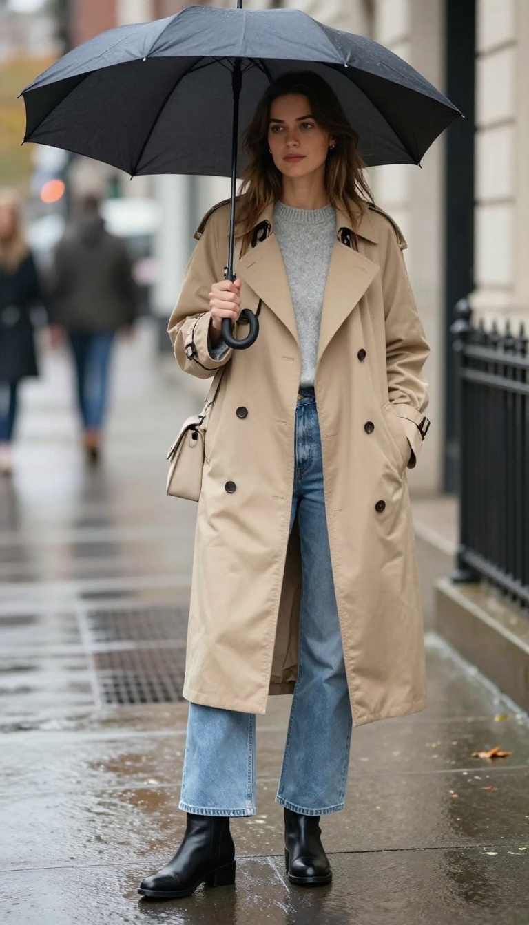 7. Trench Coat and Light Wash Flares for Rainy Days