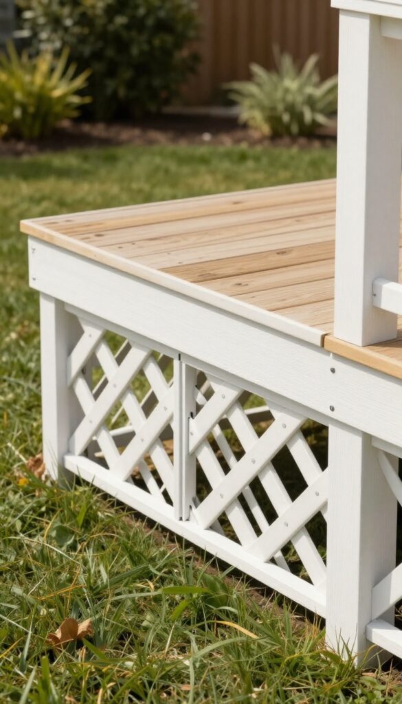 Raised wooden deck with white lattice skirting panels installed around the base, creating a finished built-in look in a sunny backyard