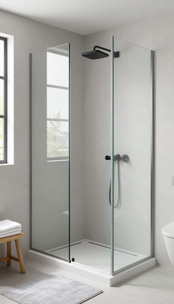 Modern bathroom with a half-glass shower cubicle featuring a fixed clear glass panel, large gray tiles, and bright natural light, creating an open and airy feel.