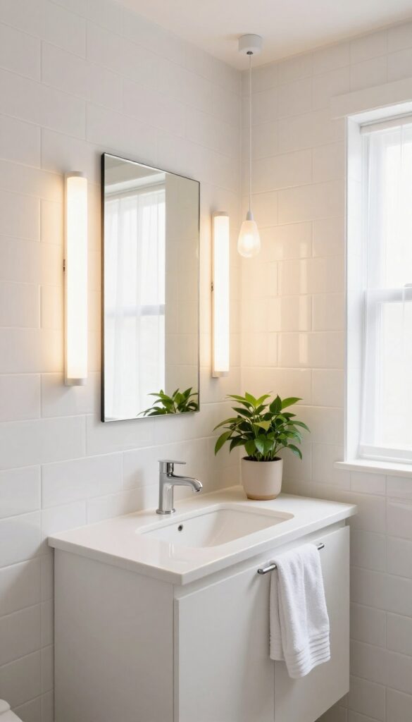 Small clean bathroom with layered lighting from vertical wall sconces beside a mirror, a soft pendant light, and bright natural daylight, creating even illumination on white tile and vanity.