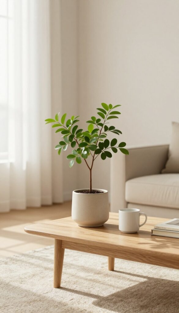 Small green plant in a neutral pot on a light wood coffee table in a bright living room