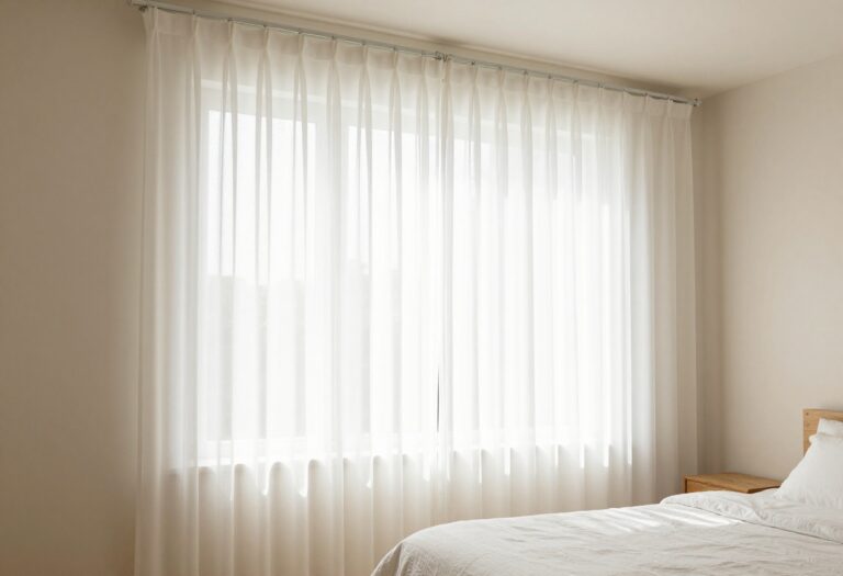 Bright bedroom with floor-to-ceiling white sheer curtains softly diffusing natural light