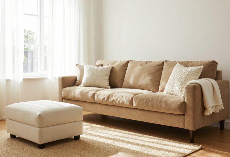 Cozy tan living room with cream and soft white textiles, warm natural light, and layered neutral textures