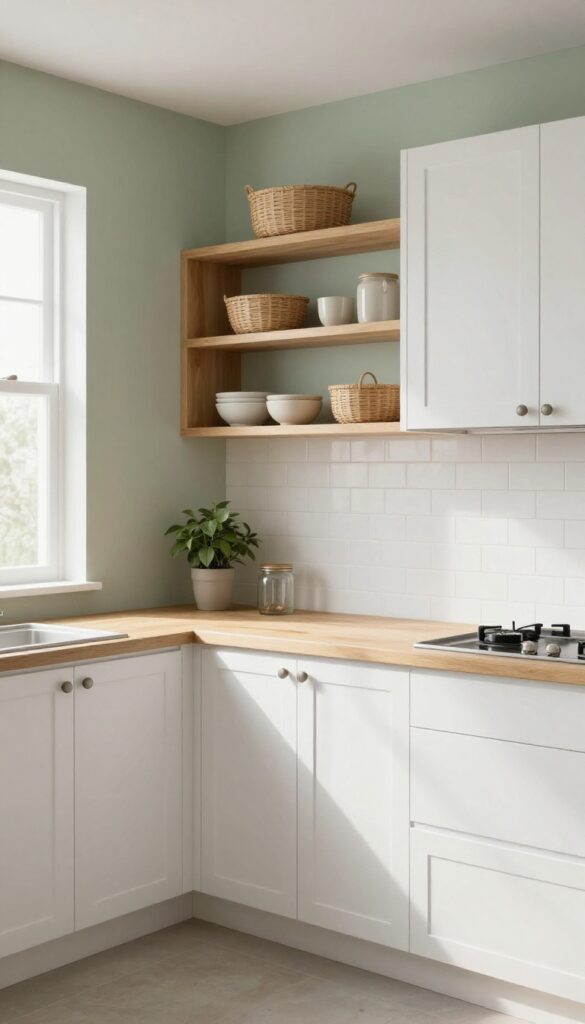 Bright kitchen with sage green walls, white cabinets, wood shelf, woven baskets, and natural light.