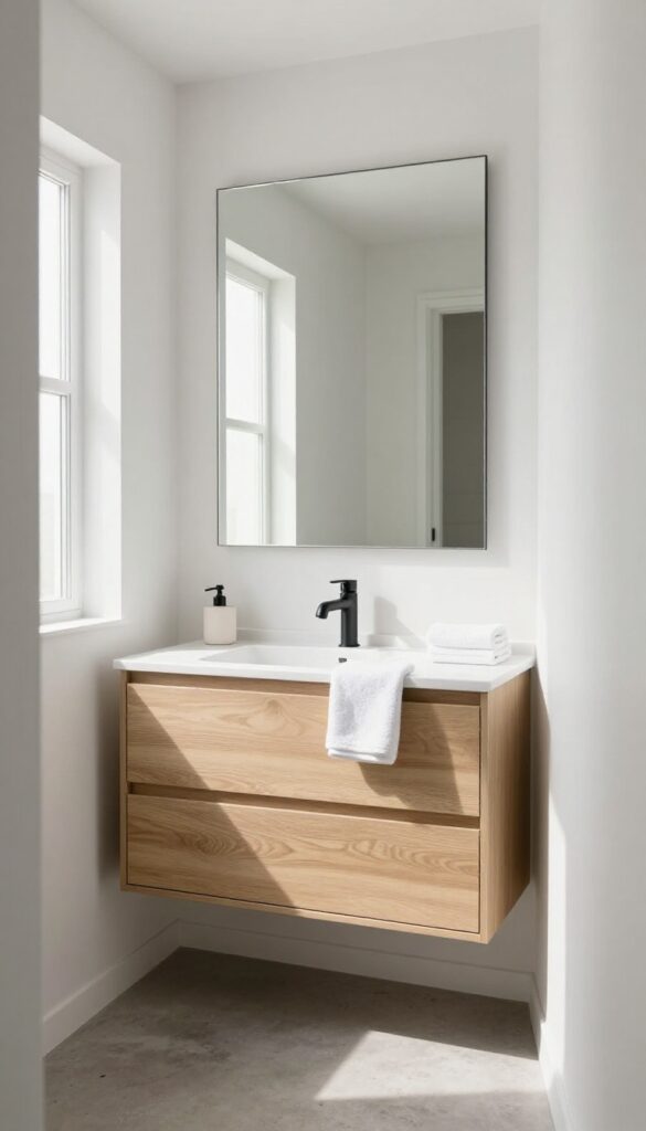 Bright narrow hallway bathroom with a large frameless horizontal mirror above a light wood vanity reflecting natural light, making the small space feel wider and more open