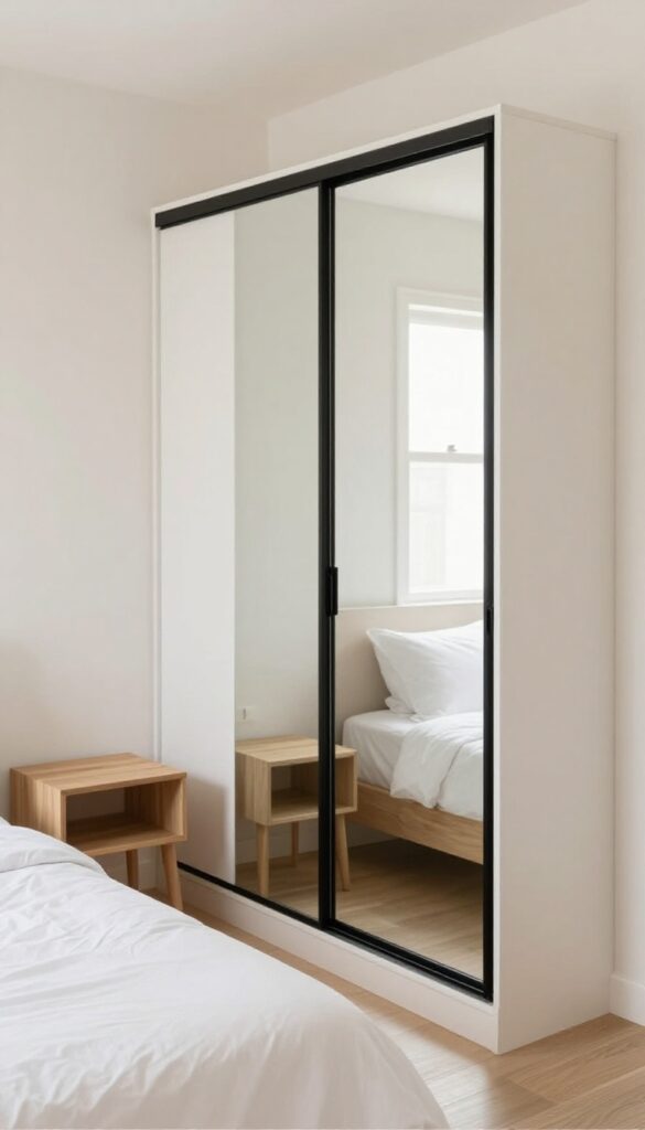 Small bright bedroom with full-length mirrored sliding wardrobe doors reflecting natural light and making the room feel more spacious