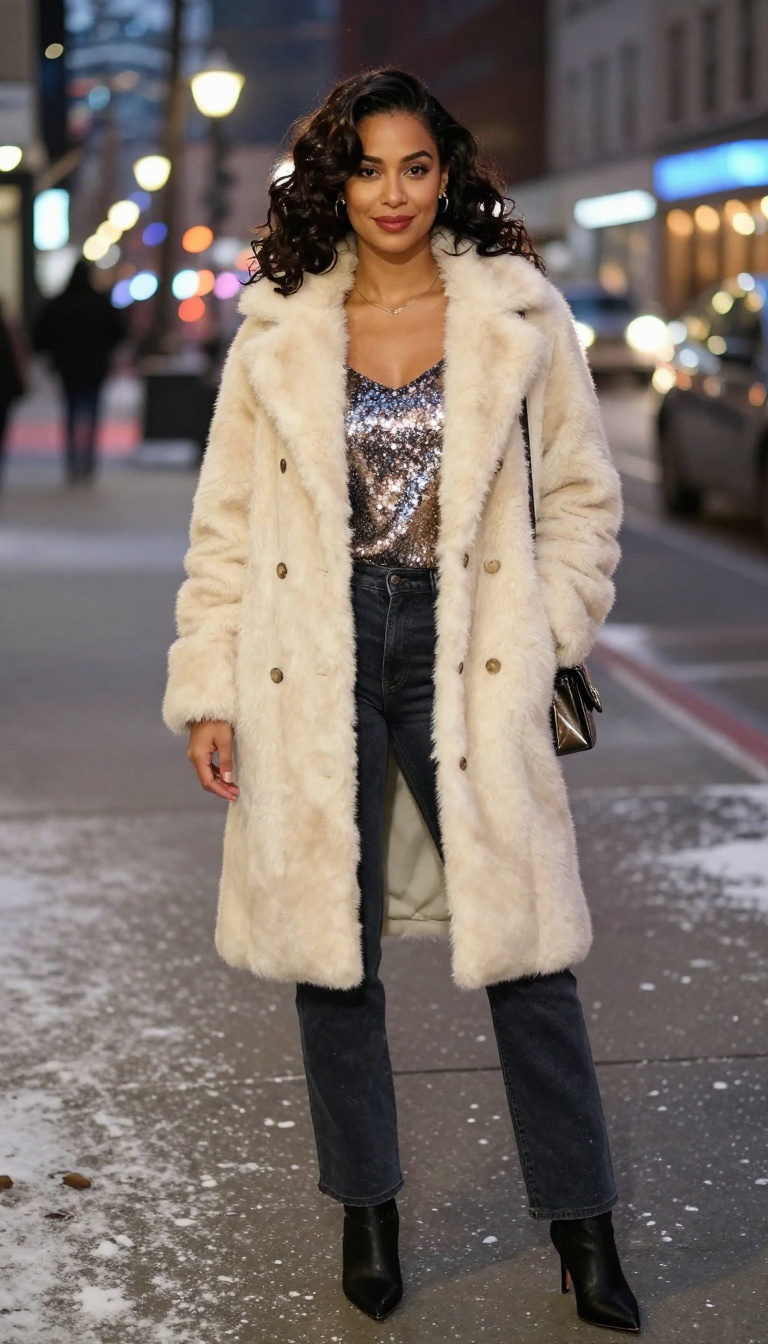 3. Sequin Cami + Dark Wash Flare Jeans + Faux Fur Coat