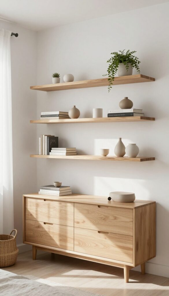 Bright bedroom with three natural wood floating wall shelves above a dresser, styled with books, small plants, and neutral decor in soft daylight.