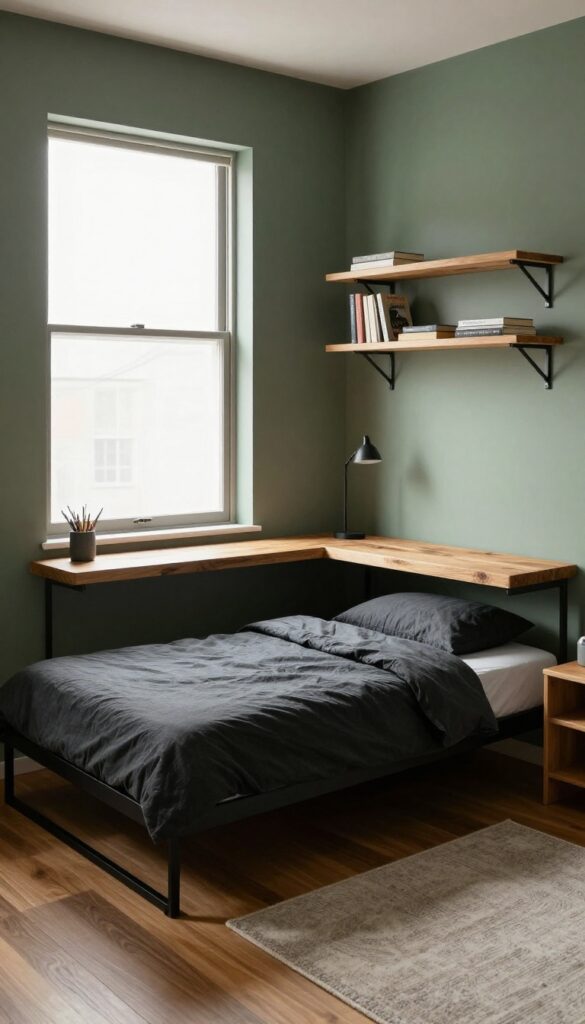 Industrial-style teenage boy's bedroom with a black metal bed frame, dark textured bedding, a wooden desk, and floating shelves on metal brackets in bright natural light.