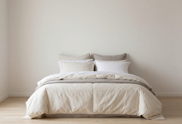 Layered neutral bedding in cream, soft gray, and warm white tones on a bright, comfortable bed in a calm, stylish bedroom