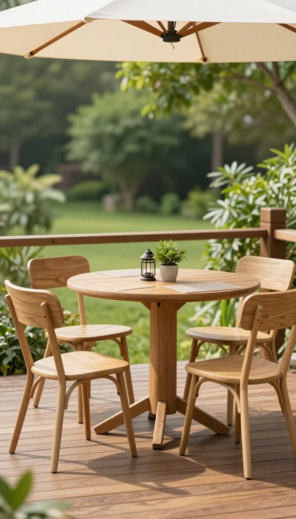 Cozy outdoor dining nook on a wooden deck with a small table, lightweight chairs, umbrella shade, and simple centerpiece styling in bright natural light