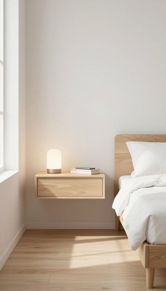 Small bright bedroom with a wall-mounted floating nightstand beside a bed, keeping the floor clear and open