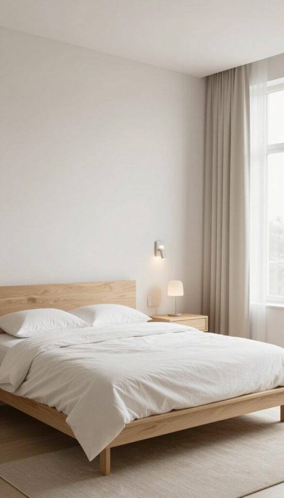 Bright modern bedroom with floating wooden nightstands mounted on the wall beside a neatly made bed, leaving open floor space underneath.