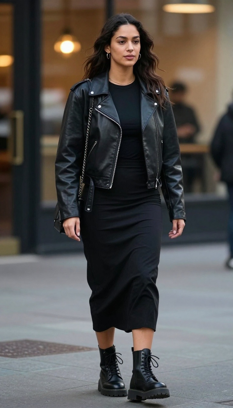 7. Long Black Skirt with a Leather Jacket and Combat Boots