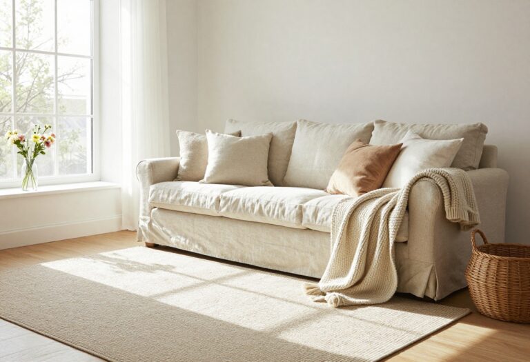 Cozy cottage living room with layered neutral textiles, a linen sofa, chunky knit throw, and soft natural light