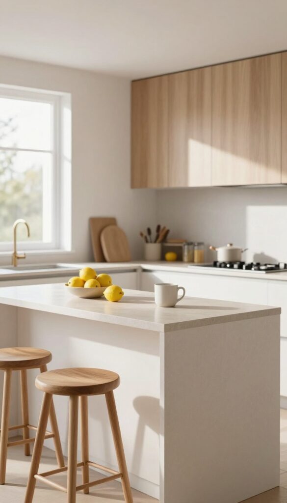 Modern kitchen island with an extended countertop overhang and slim stools tucked underneath, forming a built-in dining spot in bright natural light