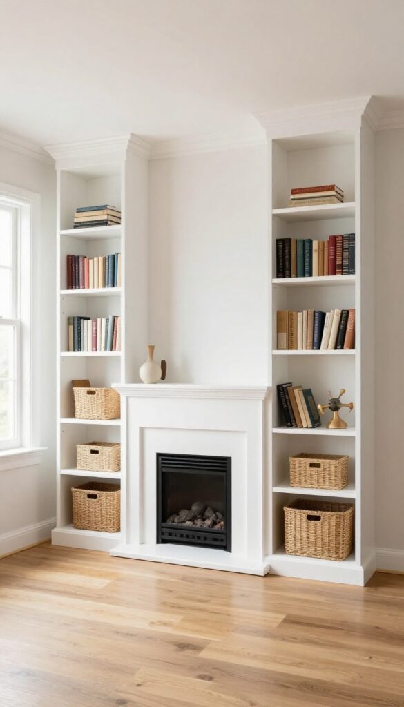 Small living room with a white fireplace framed by two matching tall bookcases styled with books and baskets, creating a symmetrical built-in look