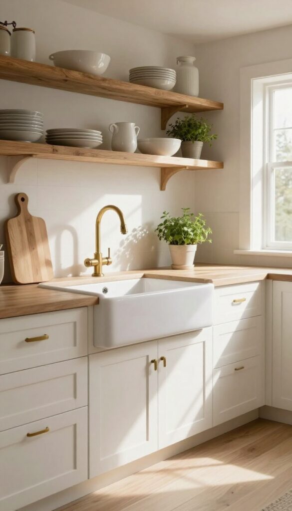 Bright farmhouse kitchen with a white apron-front sink, brass faucet, wooden cutting board, and open shelves styled with neutral dishes in natural light.