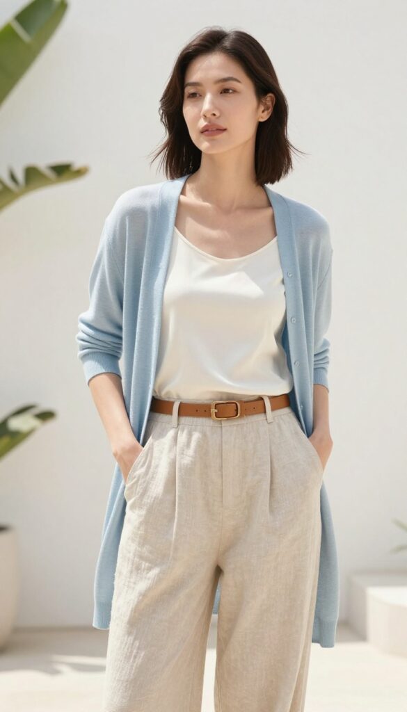 Woman in a cardigan, tank, and linen pants, standing in a sunlit minimalist setting.