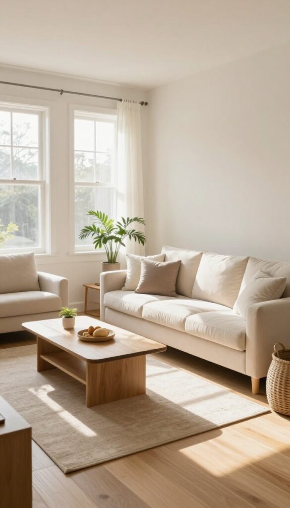 Bright small square living room with an accent chair angled toward the sofa and a slightly turned coffee table, breaking the boxy symmetrical layout.