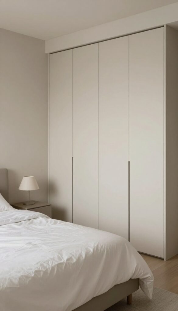 Bright modern bedroom with a floor-to-ceiling sliding wardrobe in matte warm white, making the room feel taller and more organized.