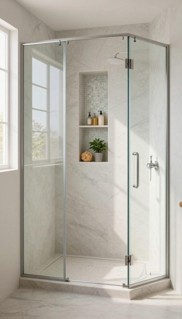 Bright open walk-in shower with a long horizontal recessed niche lined in contrasting mosaic tile, holding unlabeled toiletries within reach.