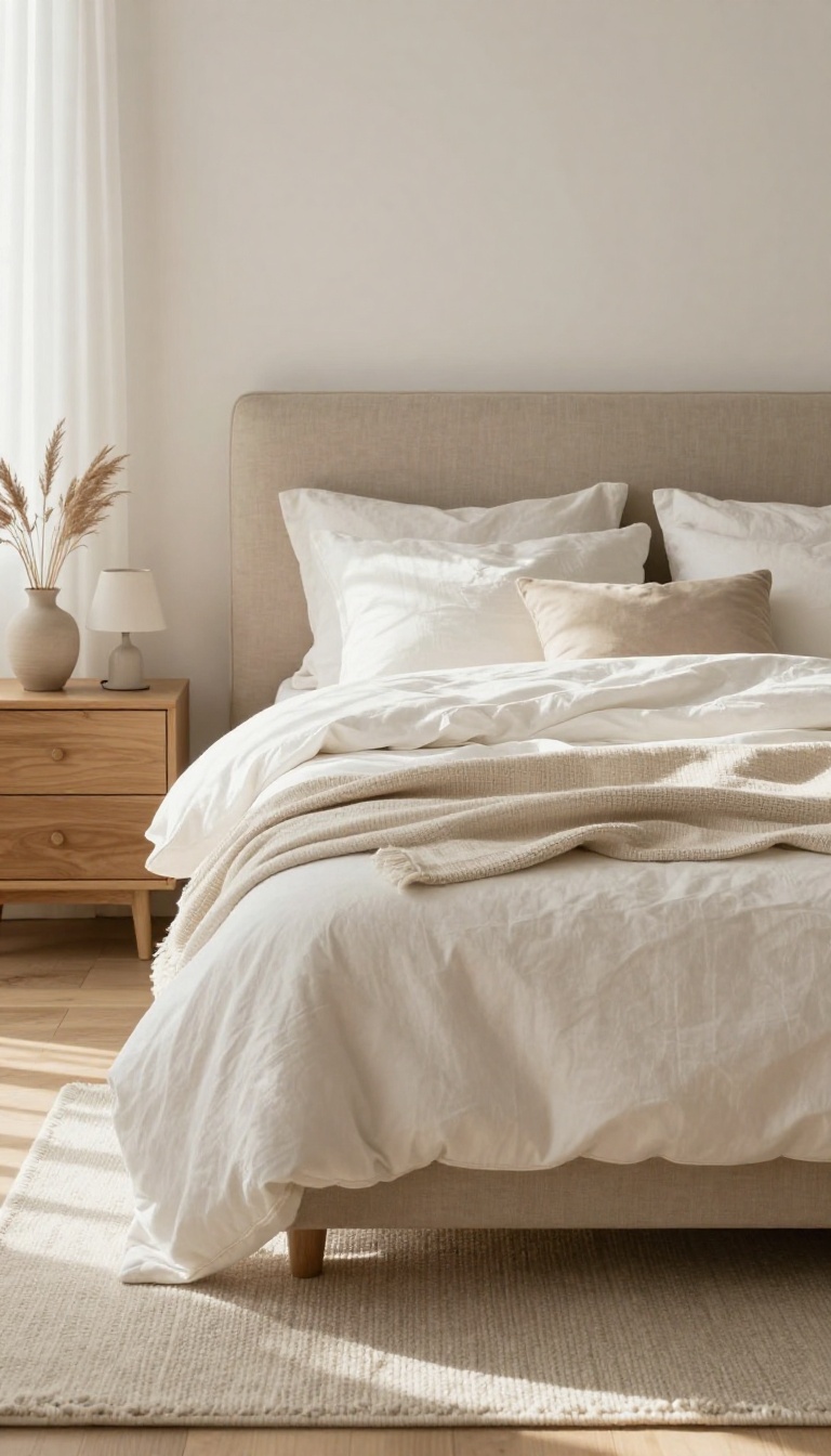 Cozy neutral bedroom with a soft linen slipcovered headboard and layered warm white bedding in bright natural light
