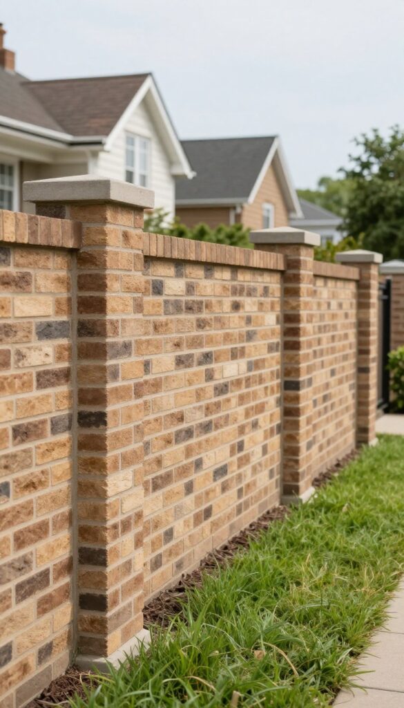 Classic full-height solid brick fence with a concrete cap bordering a tidy front yard and traditional home in bright daylight