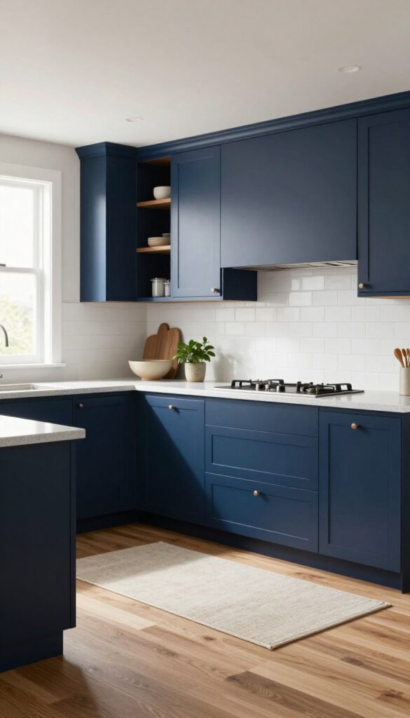 Modern kitchen with navy blue cabinets, grey quartz countertops, white subway tile backsplash, wood shelves, and bright natural light