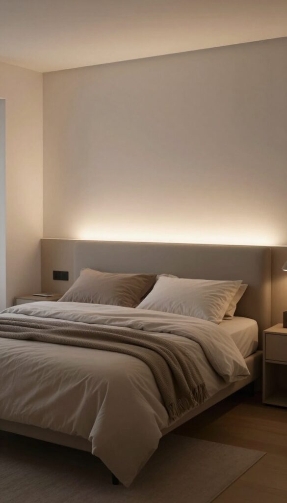 Warm white LED strip lighting glowing softly behind a bed headboard in a cozy windowless bedroom, brightening the wall with a gentle diffused halo