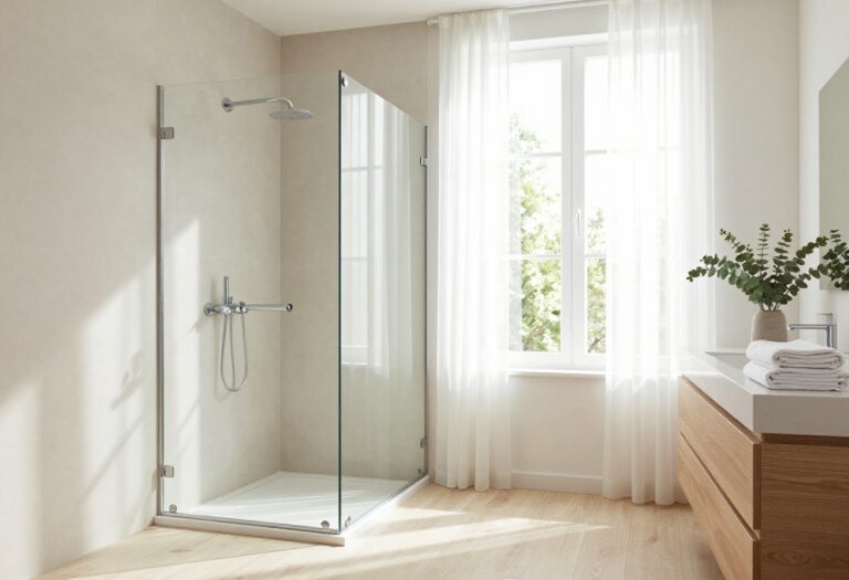 Bright modern bathroom with a half wall shower featuring a tiled lower wall and clear glass panel above, letting natural light flow through an open airy layout
