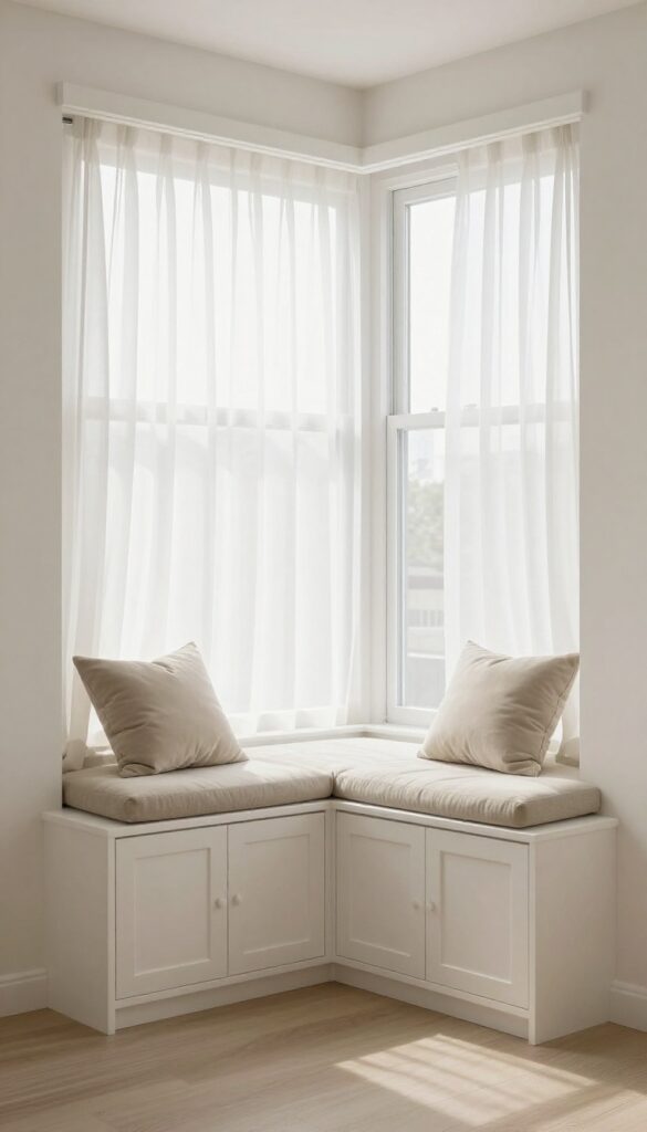 Bright bedroom bay window with a white built-in window seat featuring hidden storage and a neutral cushion in natural daylight