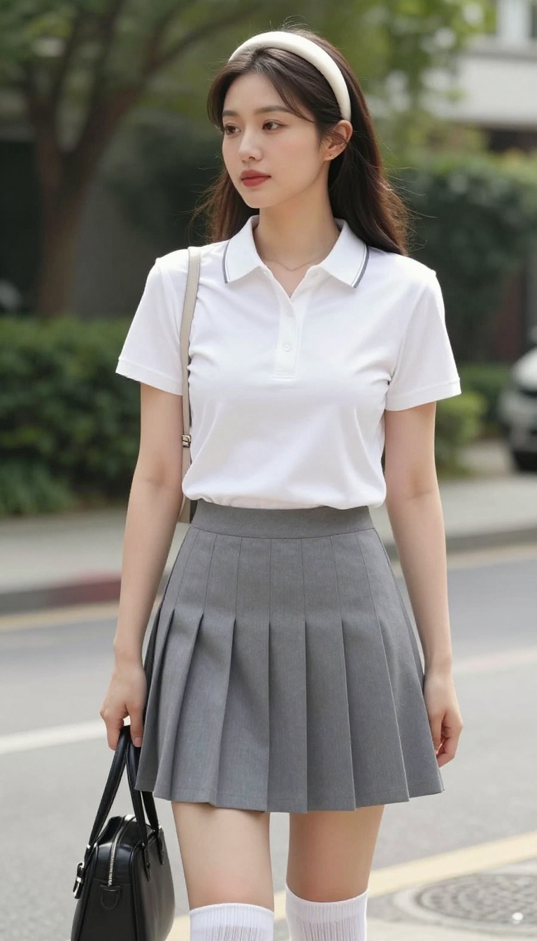 6. Pleated Skirt + Polo Shirt + Knee-High Socks