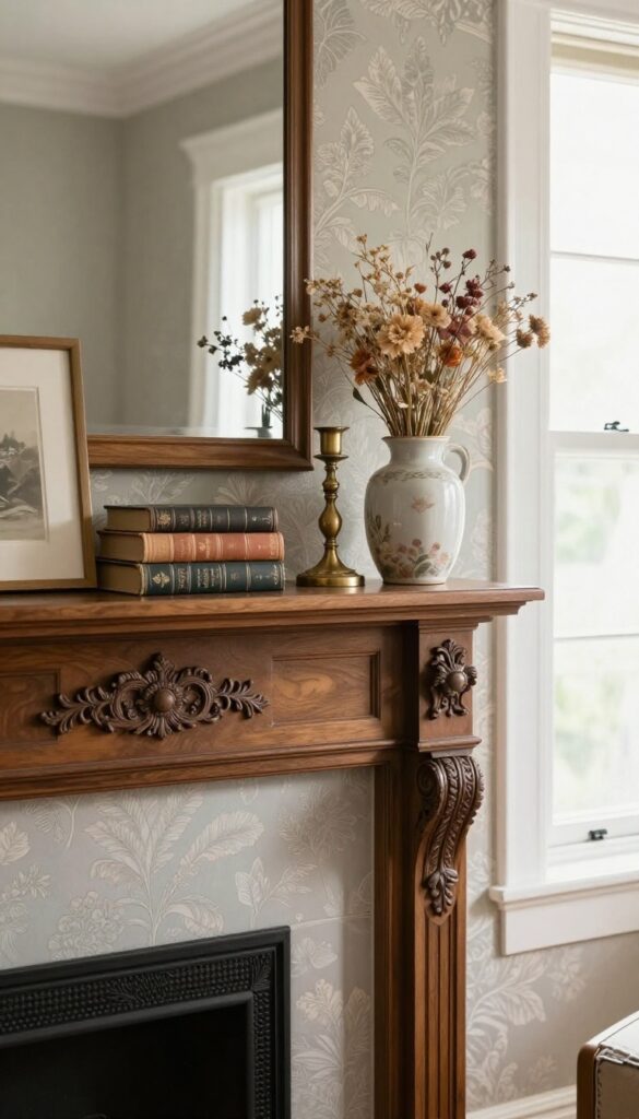 Victorian living room mantel styled with a few meaningful antique books, brass candlestick, ceramic vase, and small framed art, with generous negative space and bright natural light