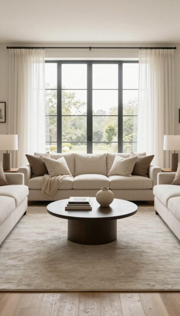 Bright formal living room with two matching light sofas facing each other across a centered coffee table and large area rug, styled with neutral pillows and throws in natural daylight.