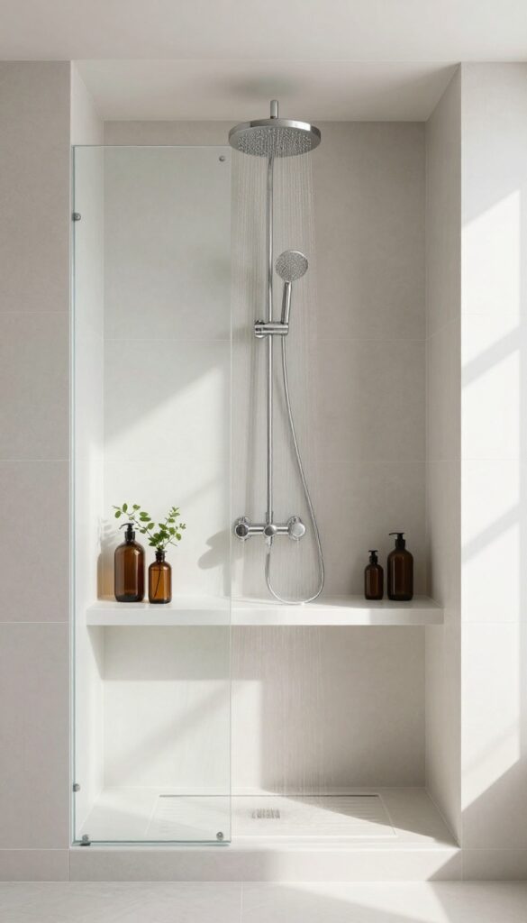Bright modern stand-up shower with a tiled recessed niche holding a few neatly arranged bottles and a small plant, creating open airy shelf storage