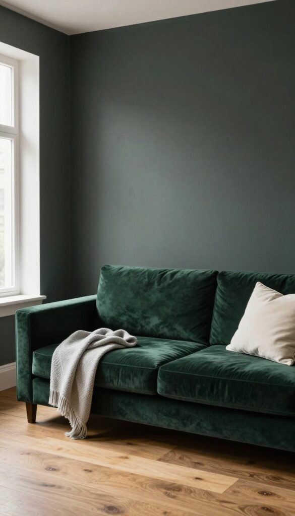 Moody living room with a deep dark green velvet statement sofa, minimal light pillows, dark walls, and bright natural side light
