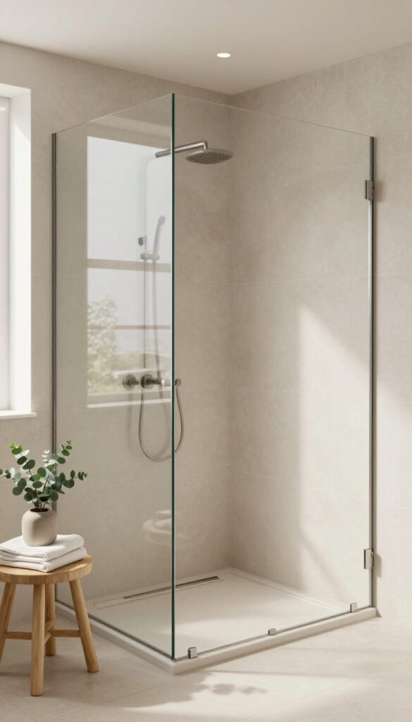 Small bathroom walk-in shower with large-format warm greige matte tiles and minimal grout lines, bright natural light, frameless glass panel, and clean modern styling