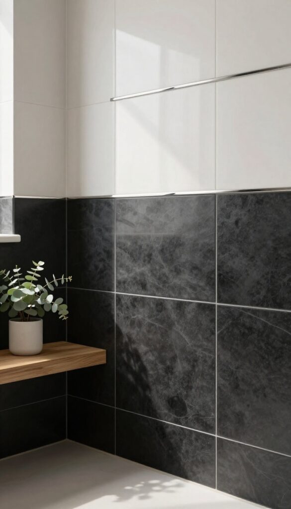 Bright bathroom wall with two-tone tile design, matte charcoal black tile on the lower half and creamy white tile above, separated by a crisp horizontal chair rail trim line, with soft natural light.